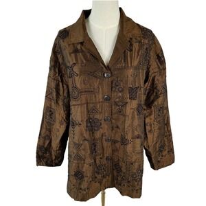 VTG Chicos Design Jacket Women 2‎ L Brown Silk Beaded Boho Art To Wear Whimsical